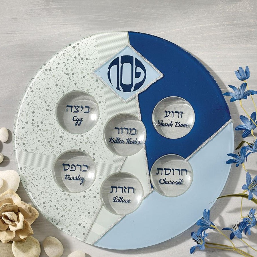 Blue Glass Seder Plate with Silver Glitter Accents