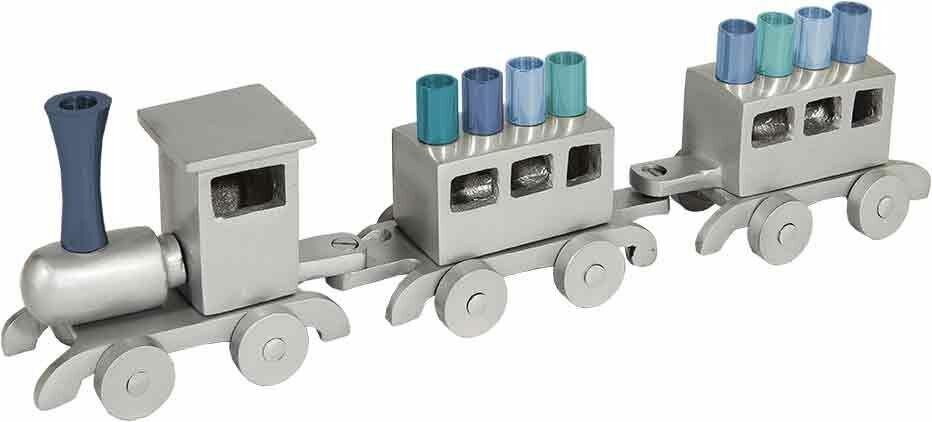 Emanuel Anodized Chanukah Menorah Train-Silver with Blue