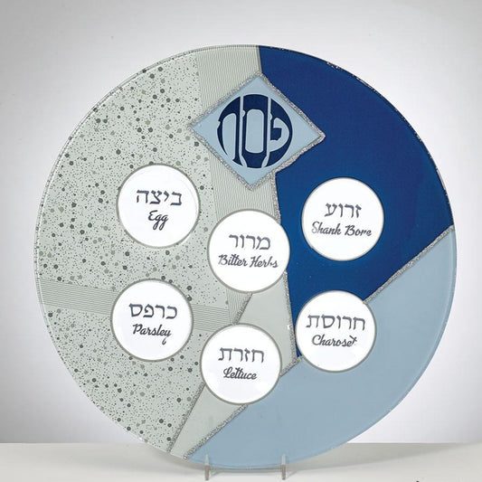 Blue Glass Seder Plate with Silver Glitter Accents