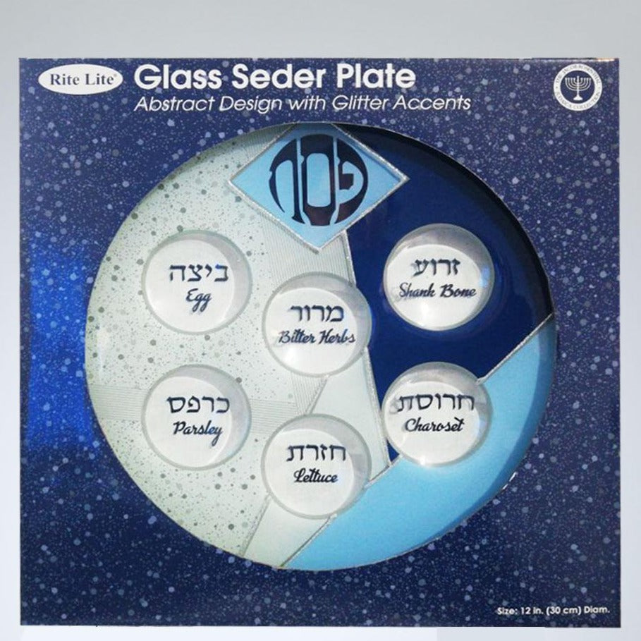 Blue Glass Seder Plate with Silver Glitter Accents