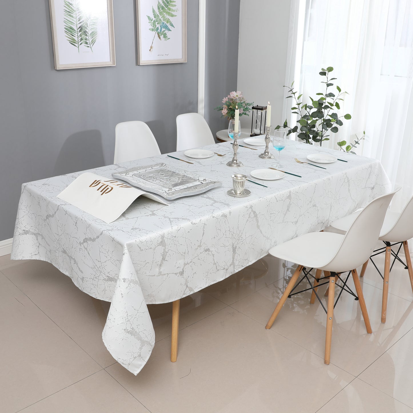White/Silver Marble Jacquard Tablecloth #1306