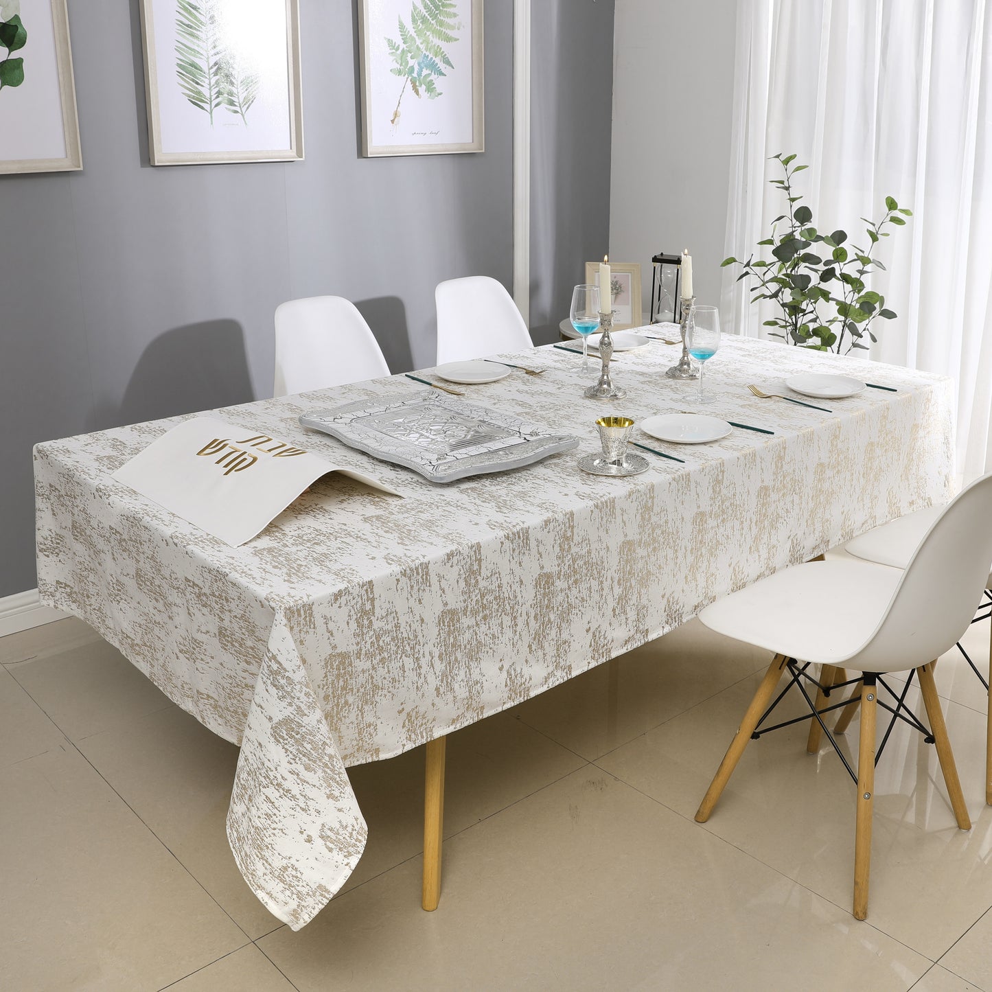 White/Gold Mosaic Velvet Tablecloth #1402