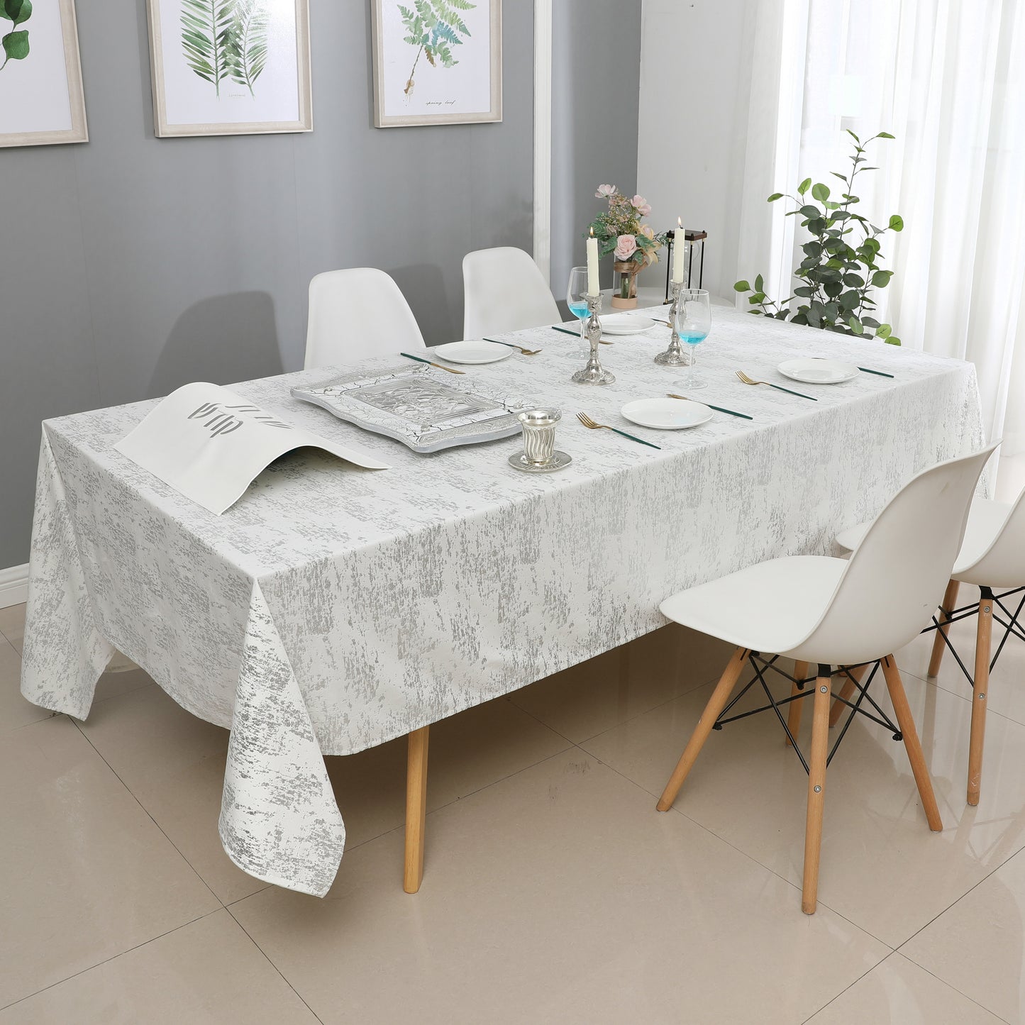 White/Silver Mosaic Velvet Tablecloth #1403