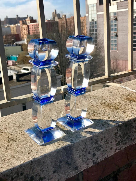 Crystal with Blue Detail Candlesticks