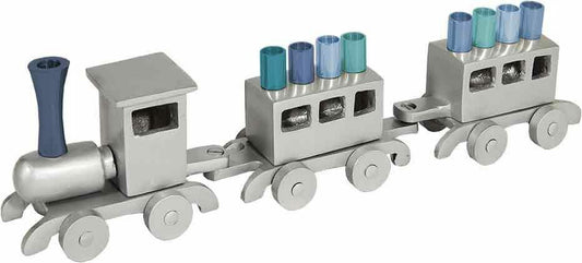 Emanuel Anodized Chanukah Menorah Train-Silver with Blue